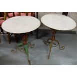 Matching pair of metal conservatory tables, with floral décor, white circular marble tops, 22” dia.