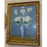 Edwardian Oil on Board, still life – Lillies in a blue and white Vase, in moulded gilt frame, 30”