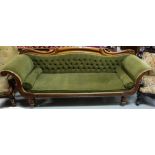 Vic. Mahogany framed Double End Sofa, with arched top rail over green button padded back and seat,