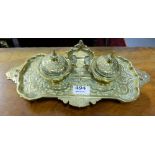 Edw. Brass Ink Well, with inkwells on either side of carrying handle, on brass tray, 14”w