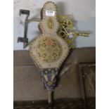 Indian Fire Bellows, with studded detail, 19”l & Victorian sliding pierced brass hanging trivet (2)