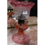 Victorian Red Glass Oil Lamp, electrified, with etched red glass shade, 14.5”h