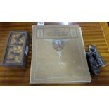 International stamp album (incomplete), wooden chess pieces in small box & pair small brass cat