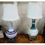 Two coloured Victorian Japanese Opalene Glass Table Lamps on wooden plinths, electrified, with