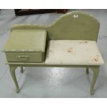 Telephone table, painted Farrow & Ball green, with floral covered padded seats, 33”w