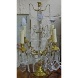 Matching Pair Decorative Electric Brass Stemmed Table Lamps, each with 4 branches, glass droplets,