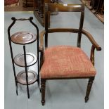 Mahogany Carver Armchair, red and gold padded seat & a 3 tier cake stand (2)