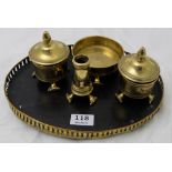 Brass Desk Set incl. pair of ink wells with liners, circular tray & ink pot, all on an oval