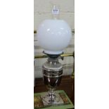 Edwardian Silver Plate Oil Lamp, with white shade and globe, 22”h