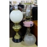 2 Victorian Oil Lamps – 1 brass with white shade, 1 with metal base & pink bowl, glass shade (2)