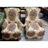 Matching Pair of Fireside Armchairs, with loose covers, floral pattern, turned legs.