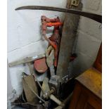 Old Sythe, Cross Cut Saw, 2 oil pumps, vice etc