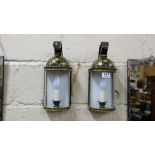 Matching Pair of Painted Metal Wall Lantern electric lights, green ground with gold borders, each