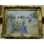 2 oils on canvas “Victorian Flower Sellers”, in ornate frames & a brass framed glass ceiling