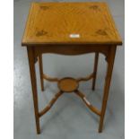 Edw. Satinwood Lamp Table, the square shaped top with polychrome inlay, circular stretcher shelf.