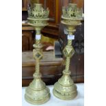 Pair heavy Victorian Church Brass Candlesticks, on turned stems, central pierced designs, each 20”h