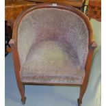 Mahogany framed Tub Armchair, brown fabric upholstery, tapered legs