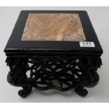 Chinese Hardwood Plant Stand with grey marble insert, ornately carved, 10”sq x 9”h