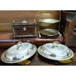 Rosewood Tea Caddy inl with m.o.p. (1 foot missing), 2-tier plated cake stand, pair oval plated