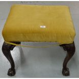 19th C mahogany stool, on cabriole legs & ball and claw feet, beige covered seat.