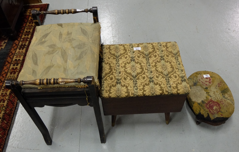 Ebonised Piano Stool, Mahogany Slipper Box & mahogany framed footstool, needlepoint covered padded