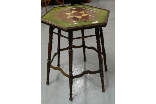 Art Deco Lamp Table, the octagonal top fitted with multi-coloured tiles, on spindle legs.