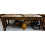 Large Oak Finished Kitchen Table, the rectangular top over stretcher base, 78”w x 30”d