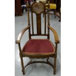 Mahogany framed Armchair with barley twist supports and legs, bergere insert, red padded sea.