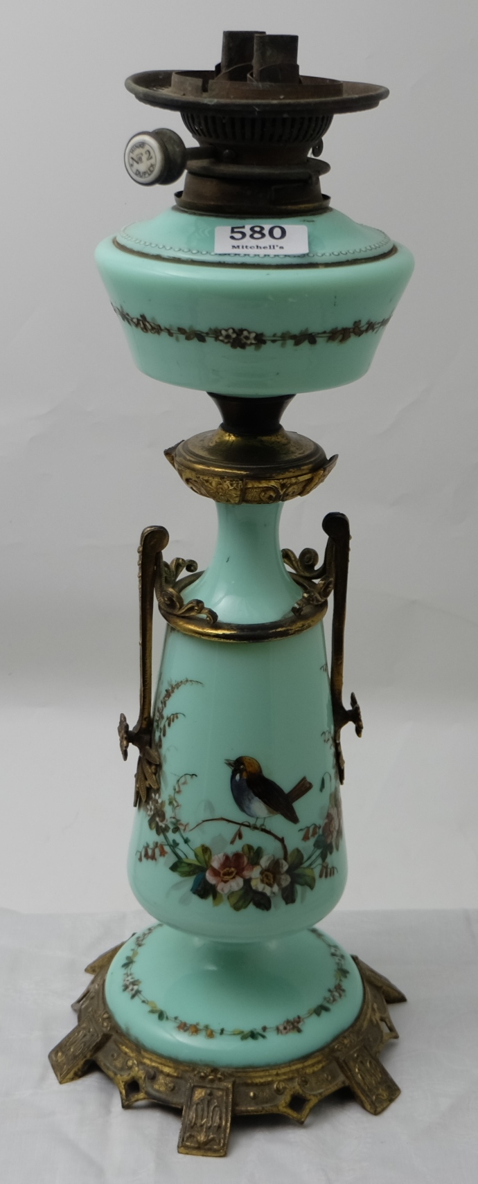 Victorian Opalene Glass Oil Lamp, the green bowl over a similar base, hand painted with birds and
