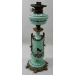 Victorian Opalene Glass Oil Lamp, the green bowl over a similar base, hand painted with birds and