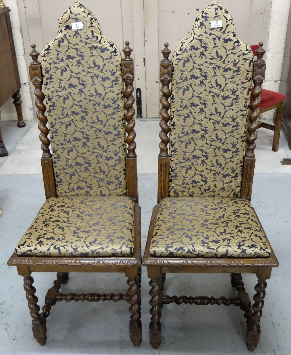 Matching Pair Oak Framed Hall Chairs, covered with silk beige and navy patterned fabric, barley