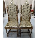 Matching Pair Oak Framed Hall Chairs, covered with silk beige and navy patterned fabric, barley