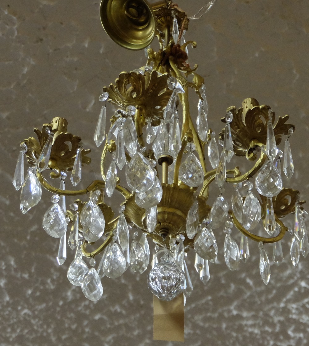 Gilt Ceiling Light, 6 branches, with glass droplets