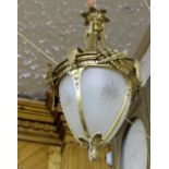 French Brass Framed Ceiling Light, Cone Shaped, with 4-panelled etched glass inserts, 28”h.