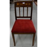 Marquetry Inlaid Hall Chair, with rail back, the padded seat covered with red velvet, on sabre