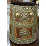 Late 19thC Oriental Copper Water Bucket, with ornate brass overlay featuring dragons, 15”h x 12”w