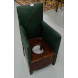 19thC Child’s Commode Chair, the sides and back covered with green leather & brass beading, mahogany