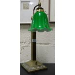 Brass Table Lamp, electric, with green shade, on square ribbed base