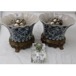 Pair Pottery Jardineres on metal bases, Wedgwood ring box & set 6 glass candleholders.
