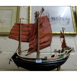 Sailing Ship Model, with painted hull, including a dragon, red sails, 20”l