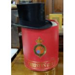 Christy’s London Cardboard Hat Box (red), with black velvet top hat by “Tress & Co. London”