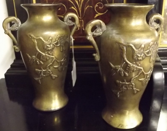 Pair of bronze Oriental vases. { 21cm H