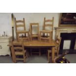 Large beech dining room table with six c