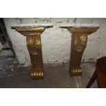 Pair of gilt wood consul tables with gre