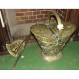 Brass embossed coal bucket and fire Iron