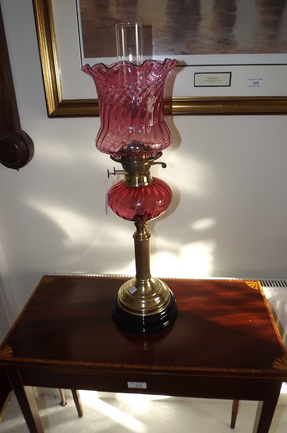 Victorian oil lamp with brass column rub