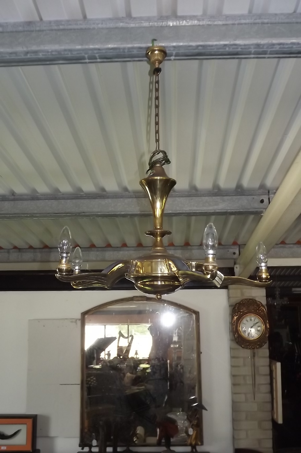 Five branch brass chandelier.