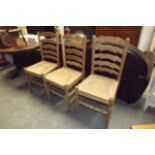 Three pine kitchen chairs with rush seat