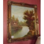 Oil on Canvas River Scene mounted in a g
