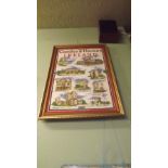 Framed tea cloth depicting the Castles a